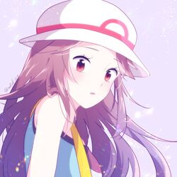  blush brown_hair commentary_request female hat indisk_irio leaf_(pokemon) long_hair looking_at_viewer open_mouth pokemon pokemon_frlg porkpie_hat shirt sleeveless sleeveless_shirt solo white_background 