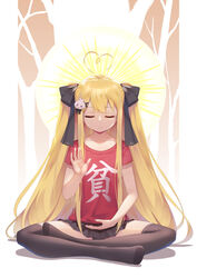  abhaya_mudra absurdres ahoge bad_id bad_pixiv_id black_bow black_panties black_skirt blonde_hair blush bow brown_thighhighs butterfly_sitting chinese_commentary chinese_text closed_eyes closed_mouth clothes_writing collarbone commentary_request facing_viewer female full_body hair_ornament hairbow halo hand_up heart heart_ahoge highres jyt lace lace-trimmed_panties lace_trim long_hair mudra niliu_chahui no_shoes original panties photoshop_(medium) pleated_skirt red_shirt shirt short_sleeves sitting skirt smile solo thighhighs tokisaki_asaba_(niliu_chahui) translated two_side_up underwear very_long_hair 