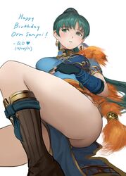  blush boots commentary dated earrings elbow_gloves english_commentary female fingerless_gloves fire_emblem fire_emblem:_the_blazing_blade fire_emblem_heroes gloves green_eyes green_hair happy_birthday highres jewelry knee_boots kneehighs long_hair lyn_(brave_lady)_(fire_emblem) lyn_(fire_emblem) pelvic_curtain qosic reclining socks solo thighs 