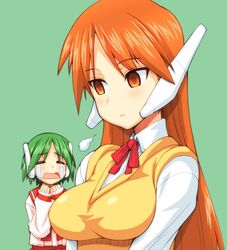  2girls blouse bow breasts closed_eyes closed_mouth commentary_request crying crying_with_eyes_open dress_shirt frown green_background green_hair hagiya_masakage large_breasts light_blush long_hair looking_to_the_side multi_(to_heart) multiple_girls neck_ribbon open_mouth orange_eyes orange_hair puff_of_air red_bow red_ribbon red_skirt ribbon robot_ears school_uniform serafuku serio_(to_heart) shirt short_hair simple_background skirt snort sweater_vest t_t tears to_heart to_heart_(series) vest white_shirt wing_collar yellow_vest 