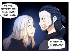  1boy aura beard black_dress black_hair blonde_hair daenerys_targaryen dark_aura dress english_text facial_hair female game_of_thrones glaring highres hinghoi jon_snow purple_eyes scared speech_bubble yandere 