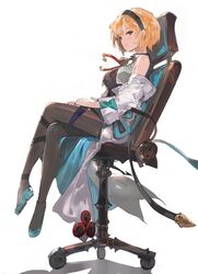  alchemaniac bare_shoulders blonde_hair brown_eyes chair commentary_request crossed_legs djeeta_(granblue_fantasy) doctor_(granblue_fantasy) female granblue_fantasy hairband highres lab_coat looking_at_viewer office_chair pantyhose profile short_hair simple_background solo stethoscope swivel_chair white_background 