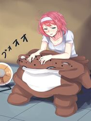  alternate_costume ark_royal_(kancolle) blue_eyes bob_cut bokukawauso collarbone commentary electric_fan exhausted female hairband highres kantai_collection mascot otter otter_costume parted_lips red_hair shingyou_(alexander-13) shirt short_hair sitting solo undressing white_hairband white_shirt 