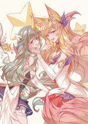  2girls ahri_(league_of_legends) alternate_costume alternate_hair_color animal_ears bare_shoulders bebseo blonde_hair blue_skirt blush breasts choker circlet commentary_request feathered_wings fox_ears fox_girl fox_tail gloves green_eyes green_hair hair_ornament highres holding holding_staff horns league_of_legends long_hair looking_at_viewer magical_girl multiple_girls parted_lips pointy_ears red_eyes red_skirt single_horn skirt smile soraka_(league_of_legends) staff standing star_(symbol) star_guardian_(league_of_legends) star_guardian_ahri star_guardian_soraka tail twitter_username very_long_hair white_background white_gloves white_wings wings 