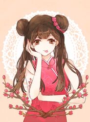  branch brown_eyes brown_hair cardcaptor_sakura cherry_blossoms china_dress chinese_clothes chinese_commentary commentary_request double_bun dress female floral_print flower hair_bun hair_flower hair_ornament li_meiling long_hair nail_polish partial_commentary red_nails rela_xixuegui sleeveless sleeveless_dress solo tongue tongue_out twintails 