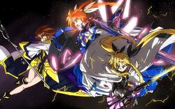  3girls action armor armored_skirt bardiche_(nanoha) bardiche_(straight_saber_form)_(nanoha) black_background black_dress black_footwear black_gloves black_pantyhose black_ribbon blonde_hair blue_eyes bodycon boots brown_hair bygddd5 cape closed_mouth commentary_request dress electricity energy_sword fate_testarossa fate_testarossa_(blaze_form_ii) fingerless_gloves floating_cape flying fortress_(nanoha) frown gloves glowing greaves grey_footwear hair_ornament hair_ribbon highres holding holding_staff holding_sword holding_weapon jacket light_particles long_hair long_skirt looking_to_the_side lyrical_nanoha magical_girl mahou_shoujo_lyrical_nanoha mahou_shoujo_lyrical_nanoha_a&#039;s mahou_shoujo_lyrical_nanoha_reflection multiple_girls open_mouth overskirt pantyhose pink_skirt print_pantyhose raising_heart red_eyes ribbon rod_(nanoha) short_dress short_hair skirt staff strike_cannon sword takamachi_nanoha takamachi_nanoha_(formula_mode) thighhighs twintails weapon white_cape white_jacket white_ribbon white_skirt x_hair_ornament yagami_hayate 