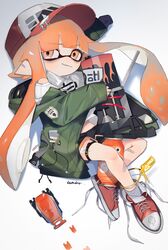  absurdres anklet artist_name autobomb_(splatoon) bad_id bad_twitter_id bags_under_eyes bandaid baseball_cap black_shorts blaster_(splatoon) blunt_bangs cellphone coat commentary cross-laced_footwear dolphin_shorts earclip female green_coat grin hat highres holding holding_weapon hood hooded_coat inkling inkling_(language) inkling_girl inkling_player_character jewelry looking_at_viewer lying mask mouth_mask off_shoulder on_side open_clothes open_coat orange_eyes orange_hair phone pointy_ears red_footwear shirt shoes short_shorts shorts signature smile sneakers socks solo splatoon_(series) splatoon_2 surgical_mask tentacle_hair thigh_strap unitoon untied_footwear weapon white_shirt white_socks 