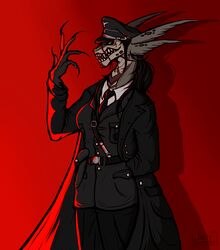  absurd_res anthro claws clothing digital_media_(artwork) female german hair hi_res long_hair military nazi open_mouth ponytail saltyserpent sharp_teeth simple_background soldier solo ss_uniform suit teeth uniform warrior zird 