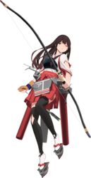  akagi_(kancolle) akagi_kai_ni_(kancolle) arrow_(projectile) black_thighhighs bow_(weapon) breasts brown_eyes brown_gloves brown_hair closed_mouth defeat female frown full_body gloves hakama hakama_short_skirt hakama_skirt highres holding holding_bow_(weapon) holding_weapon hull_shoes japanese_clothes kantai_collection large_breasts long_hair looking_at_viewer muneate official_art okobo one_eye_closed pleated_skirt quiver rigging sandals shibafu_(glock23) sidelocks single_glove skirt solo source_request tachi-e thighhighs torn_clothes transparent_background turret weapon wide_sleeves 