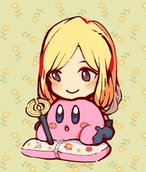  anocurry blonde_hair blush chibi commentary_request dress female gloves jewelry kirby kirby_(series) long_hair necklace octopath_traveler octopath_traveler_i ophilia_clement pillow simple_background smile super_smash_bros. 