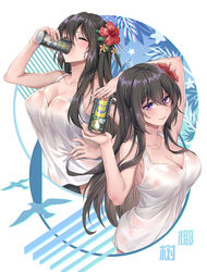  althea_(sakiya0000) arm_up bird blush breasts can cleavage closed_mouth collarbone commentary_request drink_can drinking female fingernails flower hair_between_eyes hair_flower hair_ornament hand_on_own_hip hibiscus highres holding holding_can large_breasts long_hair looking_at_viewer multiple_views nail_polish original photoshop_(medium) pink_nails purple_eyes red_flower see-through smile soda_can sweat tank_top translation_request upper_body very_long_hair wet wet_clothes 