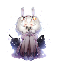  ^_^ animal_ears azur_lane boots closed_eyes coat commentary cup female hairband headgear holding holding_cup knees_up laffey_(azur_lane) long_hair long_sleeves nitchi panties pantyshot pink_coat rabbit_ears red_hairband sitting sleeves_past_wrists snow solo steam striped_clothes striped_panties thigh_boots thighhighs torpedo_tubes twintails underwear white_footwear white_hair white_thighhighs 