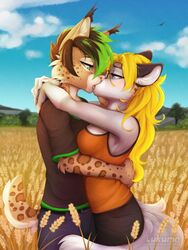  2019 3:4 5_fingers anthro blonde_hair blue_eyes blush breasts canid canine canis clothing day detailed_background digital_media_(artwork) duo eyewear felid feline female femboy fingers fur glasses green_eyes hair hi_res hug kissing lukurio lunatik lynx male male/female mammal markings outside passionate sarah_van_fiepland sky spots spotted_body spotted_fur standing tongue wolf 