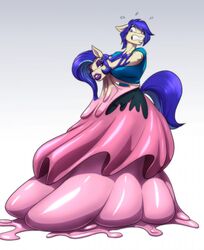  anthro ball_gown blue_eyes blue_hair clothing doppelganger_(literary) dress duo eyeshadow fan_character female fight gown hair hasbro hi_res lipstick makeup merging moniker_(oc) monique_(oc) monster my_little_pony piercing possession slime toughset 