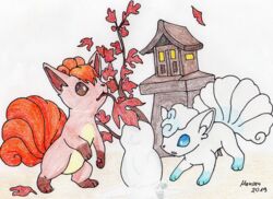  2019 alolan_form alolan_vulpix ambiguous_gender blue_eyes duo fur generation_1_pokemon generation_7_pokemon hi_res looking_down mammal maple_(disambiguation) mensen_(artist) multi_tail nintendo open_mouth paws pokemon pokemon_(species) regional_form_(pokemon) signature simple_background snow tail vulpix white_background white_body white_fur worried 