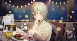  anthro bandaid blush drink food girls_frontline gray_hair hs2000_(girls_frontline) long_hair night ponytail waifu2x watermark yellow_eyes yuzu-lattee 