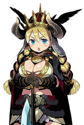  armor blonde_hair blue_eyes braid breasts cape earrings enrica_(sekaiju) female gloves helmet himukai_yuuji horns jewelry large_breasts long_hair midriff navel open_mouth sekaiju_no_meikyuu sekaiju_no_meikyuu_x simple_background solo twin_braids white_background 