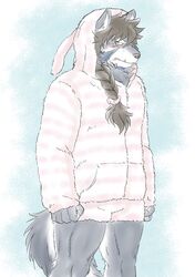  2019 angry blush bottomwear braided_hair canid canine canis clothing fake_ears fake_rabbit_ears hair hi_res hoodie lifewonders male mammal pastel_theme shorts solo srw225we temujin_(tas) tokyo_afterschool_summoners topwear wolf 