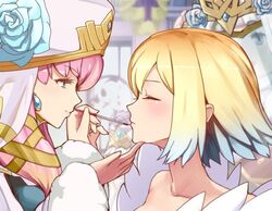  1boy 2girls applying_makeup blonde_hair blue_hair cape closed_eyes commentary_request crown dress earrings fire_emblem fire_emblem_heroes fjorm_(bridal)_(fire_emblem) fjorm_(fire_emblem) gradient_hair gunnthra_(fire_emblem) hrid_(fire_emblem) jewelry lipstick long_hair long_sleeves makeup multicolored_hair multiple_girls open_mouth pink_hair short_hair siblings simple_background sisters smile tiara uro_(oolong) white_hair ylgr_(fire_emblem) 