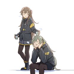  2girls armband black_pantyhose brown_eyes brown_hair closed_eyes commentary_request cup disposable_cup elbows_on_knees girls&#039;_frontline green_hair hair_between_eyes hands_on_own_cheeks hands_on_own_face head_rest holding holding_cup jacket long_hair long_sleeves multiple_girls object_on_head official_alternate_costume one_side_up open_mouth pantyhose pleated_skirt scar scar_across_eye scar_on_face shell_jacket sitting skirt smile standing star_(symbol) ump40_(girls&#039;_frontline) ump45_(girls&#039;_frontline) ump45_(winter_journey)_(girls&#039;_frontline) white_background xinhao yellow_armband 