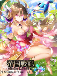  2018 ahoge bare_legs barefoot bird blonde_hair blue_flower bluebird breasts bug butterfly choker cleavage collarbone commentary_request copyright_name day dress dress_flower female floating_hair flower full_body gentiana_(flower) green_ribbons hair_between_eyes head_wings highres holding holding_flower leg_ribbon leg_up long_hair looking_at_viewer medium_breasts official_art outdoors photoshop_(medium) pink_dress pink_eyes purple_butterfly purple_flower ribbon smile solo strapless strapless_dress teikoku_senki thighs very_long_hair watermark wings yuuki_kira 