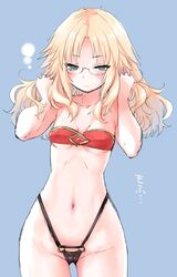  ass_visible_through_thighs bandeau blonde_hair blue_background blush breasts commentary_request cowboy_shot cutoff_jeans cutoffs embarrassed fate/apocrypha fate/grand_order fate_(series) female glasses green_eyes groin hair_down hands_in_hair long_hair mordred_(fate) mordred_(fate/apocrypha) mozu_(peth) navel small_breasts solo 