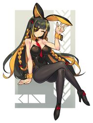  animal_ears bare_shoulders black_footwear black_hair black_leotard black_pantyhose black_ribbon blush bow braid breasts cleavage closed_eyes commentary_request crossed_legs detached_collar dress eyepatch fake_animal_ears female full_body girls&#039;_frontline hair_ribbon hairbow highres itsumo_nokoru large_breasts leotard long_hair m16a1_(girls&#039;_frontline) mole mole_under_eye multicolored_hair necktie orange_hair pantyhose playboy_bunny rabbit_ears red_necktie red_ribbon ribbon sitting smile solo strapless strapless_dress streaked_hair twin_braids v very_long_hair wrist_cuffs 