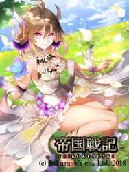  2018 ahoge bare_legs barefoot blue_flower blurry blurry_background breasts brown_hair bug butterfly cleavage commentary_request copyright_name day dress dress_flower female floating_hair flower full_body gentiana_(flower) green_ribbons hair_between_eyes head_wings highres holding holding_flower leg_ribbon leg_up long_hair looking_at_viewer medium_breasts official_art outdoors petals photoshop_(medium) pink_eyes purple_butterfly purple_flower ribbon sleeveless sleeveless_dress solo teikoku_senki thighs watermark white_dress wings wrist_cuffs yuuki_kira 