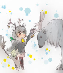  2018 abstract_background accessory adolescent ambiguous_gender animal_humanoid antler_grab antlers bell biped black_clothing black_eyes black_legwear blush bottomwear bow_(feature) bow_accessory bow_ribbon clothed clothing decorating deer deer_humanoid duo eye_contact female feral footwear fully_clothed fur fur_trim_(clothing) green_eyes grey_body grey_bottomwear grey_clothing grey_ears grey_fur grey_hair grey_horn grey_nose grey_skirt grey_topwear hair hair_accessory hair_ribbon hairbow hatching_(art) heterochromia holding_object hooves horn humanoid iceeye_ena jacket japanese kemono_friends larger_ambiguous larger_feral legwear light_body light_skin looking_at_another mammal mammal_humanoid motion_lines new_world_deer new_world_deer_humanoid pleated_skirt pole ponytail quadruped raised_arm red_eyes reindeer reindeer_(kemono_friends) reindeer_humanoid ribbons shaded shadow shoes simple_background size_difference skirt smaller_female smaller_humanoid smile snout standing star tan_body tan_skin tights topwear white_background young 