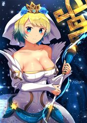  artist_name bare_shoulders blonde_hair blue_eyes blue_flower blue_hair blue_rose blush breasts bridal_veil bride bride_(fire_emblem) chinchongcha cleavage closed_mouth collarbone commentary crown dress english_commentary female fire_emblem fire_emblem_heroes fjorm_(bridal)_(fire_emblem) fjorm_(fire_emblem) flower gradient_hair hair_between_eyes hair_flower hair_ornament highres holding holding_staff holding_weapon looking_at_viewer medium_breasts multicolored_hair rose short_hair smile snowflakes solo staff strapless strapless_dress veil weapon wedding_dress white_dress 