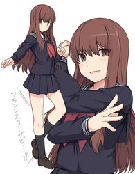  black_skirt black_socks breasts brown_eyes brown_footwear brown_hair collarbone commentary_request fate/extra fate_(series) female francis_xavier kishinami_hakuno_(female) kneehighs long_hair long_sleeves medium_breasts multiple_views school_uniform shiseki_hirame shoes simple_background skirt socks translated white_background 