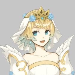  absurdres bare_shoulders blonde_hair blue_eyes blue_hair commentary crown dakkalot dress earrings english_commentary female fire_emblem fire_emblem_heroes fjorm_(bridal)_(fire_emblem) fjorm_(fire_emblem) gradient_hair hair_ornament highres jewelry looking_at_viewer multicolored_hair open_mouth short_hair simple_background smile solo 