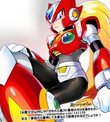  1boy armor artist_name black_legwear blonde_hair blue_eyes boots capcom gloves hair hand_on_leg helmet japanese_text long_hair looking_at_viewer male male_focus navel robot rockman rockman_x shoulder_armor shoulder_pads sweatdrop teeth yuriyuri_(ccc) zero zero_(rockman) 