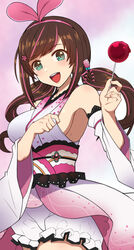  aqua_eyes azur_lane blush breasts brown_hair commentary_request detached_sleeves female frilled_shorts frills hair_ornament japanese_clothes kimono kizuna_ai kizuna_ai_(festive)_(azur_lane) kizuna_ai_inc. long_sleeves nt00 shorts sideboob sleeveless smile twintails virtual_youtuber wide_sleeves 