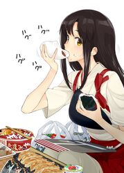  absurdres akagi_(kancolle) amami_amayu apron bag baozi black_hair brown_eyes commentary_request cowboy_shot cup_ramen dumpling eating female food highres instant_udon japanese_clothes jiaozi kantai_collection long_hair looking_at_viewer maruchan_akai_kitsune_udon muneate onigiri plastic_bag simple_background sitting solo straight_hair tasuki thighhighs white_background white_thighhighs 