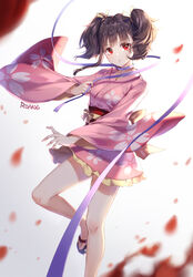  artist_name bare_legs black_footwear blurry brown_hair closed_mouth commentary depth_of_field female floral_print hair_ribbon holding japanese_clothes kimono koutetsujou_no_kabaneri leg_up long_hair long_sleeves looking_at_viewer mumei_(kabaneri) obi petals pink_kimono platform_footwear print_kimono purple_ribbon red_eyes ribbon roang sandals sash short_kimono solo standing standing_on_one_leg thighs twintails white_background wide_sleeves yellow_ribbon zouri 