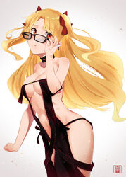  adjusting_eyewear bare_shoulders black_dress blonde_hair blush breasts collarbone commentary_request cosplay dress ereshkigal_(fate) fate/grand_order fate_(series) female glasses hair_between_eyes hair_ribbon holding holding_removed_eyewear long_hair looking_at_viewer medium_breasts murio open_mouth parted_bangs red_ribbon revealing_clothes ribbon simple_background solo standing strapless strapless_dress two_side_up unworn_eyewear very_long_hair white_background yu_mei-ren_(fate) yu_mei-ren_(fate)_(cosplay) 