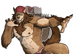  2019 abs anthro audiophilliac barazoku beard biceps big_muscles body_hair canid canine canis chest_hair clothed clothing cosplay dancing digital_media_(artwork) duo facial_hair hi_res male mammal muscular muscular_male nipples pecs re:zero real_world ricardo_dancin&#039; ricardo_milos ricardo_welkin topless underwear wolf 