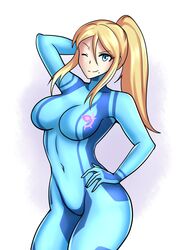  1girls big_breasts blonde_hair bodysuit breasts clothed clothes clothing female female_only fully_clothed hayato_stuff large_breasts metroid nintendo one_eye_closed samus_aran solo solo_female zero_suit zero_suit_samus 