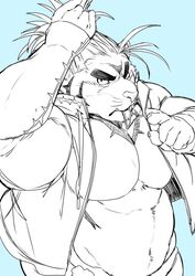  2017 5_fingers anthro clothing felid fingers fur jacket kmd023 lifewonders macan_(tas) male mammal musclegut muscular muscular_anthro muscular_male pantherine simple_background solo striped_body striped_fur stripes tiger tokyo_afterschool_summoners topwear 