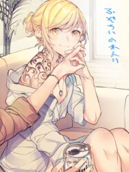  2girls blonde_hair bracelet can commentary couch drink_can ear_piercing earrings fuzoroi_no_renri holding_hands jewelry mikan-uji multiple_girls nail_polish necklace open_clothes open_shirt original piercing plant potted_plant smile soda_can tattoo translated yellow_eyes 