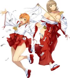  2girls blunt_bangs breasts brown_eyes brown_hair charm_(object) cleavage elmel_erkin full_body gohei hakama hakama_skirt holding japanese_clothes katrina_company large_breasts long_sleeves miko multiple_girls no_panties off_shoulder official_art ofuda okobo one_eye_closed open_mouth orange_hair outstretched_arms parted_lips red_hakama ribbon-trimmed_sleeves ribbon_trim sandals shoe_dangle short_hair skirt spread_arms super_robot_wars super_robot_wars_x-omega tabi teeth transparent_background upper_teeth_only watanabe_wataru_(character_designer) wide_sleeves 