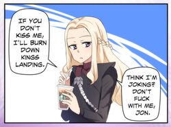  blonde_hair braid coffee_cup cup daenerys_targaryen disposable_cup drinking_straw english_text female french_braid game_of_thrones highres hinghoi long_hair pout purple_eyes speech_bubble starbucks yandere 