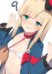  1other ? animal_collar bad_id bad_pixiv_id blonde_hair blue_coat blue_eyes blurry blurry_background blush bra breasts coat collar collarbone commentary_request fate/grand_order fate_(series) female frilled_sleeves frills hands_up hat holding holding_leash leash leash_pull long_hair long_sleeves looking_at_viewer lord_el-melloi_ii_case_files navel nearly_naked_coat no_pants open_clothes open_coat panties parted_lips peaked_cap red_collar reines_el-melloi_archisorte simple_background small_breasts solo_focus stomach straight_hair sweat tilted_headwear underwear white_background white_bra white_panties wide_sleeves yuuzuki_(re&#039;ef) 