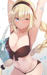  armpits arms_up ashino bag bikini black_bikini black_hairband blonde_hair blue_eyes blurry blurry_foreground blush braid braided_ponytail breasts cleavage closed_mouth collarbone commentary cowboy_shot eyes_visible_through_hair fate/grand_order fate_(series) female gradient_background hairband highres holding holding_bag jeanne_d&#039;arc_(fate) jeanne_d&#039;arc_(ruler)_(fate) large_breasts long_braid long_hair looking_at_viewer navel one_eye_closed sidelocks simple_background single_braid smile solo standing stomach swimsuit very_long_hair water_drop white_background 