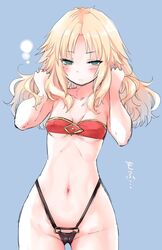  ass_visible_through_thighs bandeau blonde_hair blue_background blush breasts commentary_request cowboy_shot cutoff_jeans cutoffs embarrassed fate/apocrypha fate/grand_order fate_(series) female green_eyes groin hair_down hands_in_hair long_hair mordred_(fate) mordred_(fate/apocrypha) mozu_(peth) navel small_breasts solo 