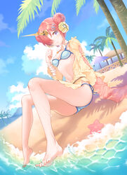  asymmetrical_sleeves bad_id bad_pixiv_id bandaged_arm bandages barefoot beach bikini bikini_under_clothes blue_bikini blue_sky breasts cloud commentary_request day double_bun dutch_angle fate/grand_order fate_(series) feet female fence frankenstein&#039;s_monster_(fate) frankenstein&#039;s_monster_(swimsuit_saber)_(fate) frankenstein&#039;s_monster_(swimsuit_saber)_(first_ascension)_(fate) hair_bun hair_ornament hair_over_one_eye hand_up highres horns jacket legs long_sleeves looking_at_viewer mechanical_horns navel open_clothes open_jacket outdoors palm_tree parted_lips pink_hair purple_eyes sand shiosoda single_horn sitting sky sleeves_past_fingers sleeves_past_wrists small_breasts solo starfish swimsuit swimsuit_cover-up toenails tree uneven_sleeves water yellow_jacket 