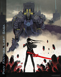  artist_name black_capelet black_hair black_skirt capelet commentary_request copyright_name cover cover_page facing_away female furumi_showichi gloves grey_sky high_heels highres holding holding_sword holding_weapon keivan mecha myufrae outdoors pantyhose pixiv_fantasia pixiv_fantasia_last_saga red_gloves robot skirt sky solo standing sword twintails wall watermark weapon web_address wind 