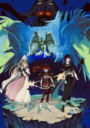  2girls 4boys absurdres aged_down armor belt black_cape black_footwear black_pants blonde_hair blue_eyes boots bow_(weapon) cape chaos_dragon_garv clenched_teeth closed_eyes closed_mouth commentary_request copyright_name dark_star_dugradigdu dress dual_persona filia_ul_copt gem gloves headband highres holding holding_bow_(weapon) holding_staff holding_weapon knee_boots light_smile lina_inverse long_hair looking_at_viewer monster multiple_boys multiple_girls nagisa_iwa orange_hair own_hands_clasped own_hands_together pants pantyhose parted_bangs pauldrons pink_dress pink_legwear purple_hair red_eyes serious shawl shoes shoulder_armor slayers slayers_try staff standing teeth valgarv_(slayers) weapon white_cape white_footwear white_gloves white_headwear wings xelloss 