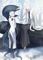  1boy bare_tree barefoot closed_eyes commentary_request dark_skin dress elbow_gloves female gloves highres log long_hair long_sleeves niggurath_the_ancient_tree_branch outdoors pixiv_fantasia pixiv_fantasia_last_saga pointy_ears shima108 short_hair sitting sleeveless sleeveless_dress snake snake_hair standing tree very_long_hair wenham_alvarapis white_gloves white_hair 